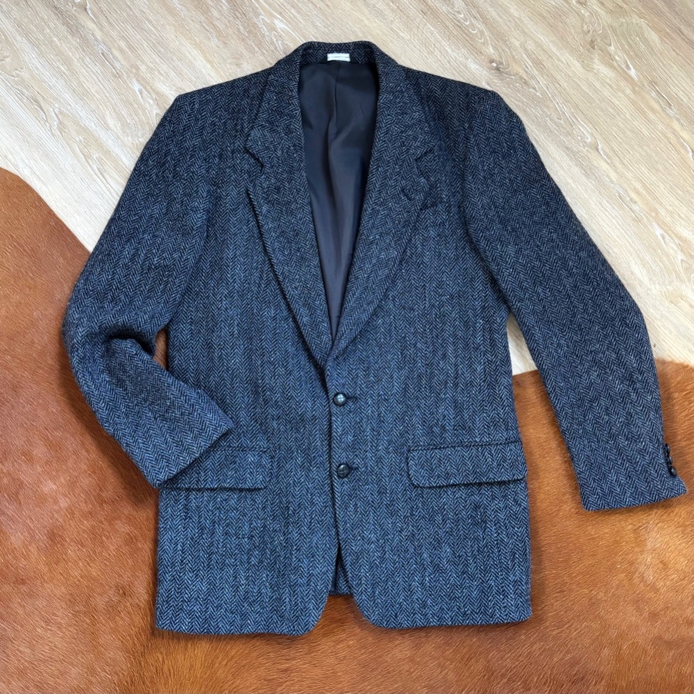 Vintage Harris Tweed 100% wool herringbone blue / gray men’s blazer 40 tall long